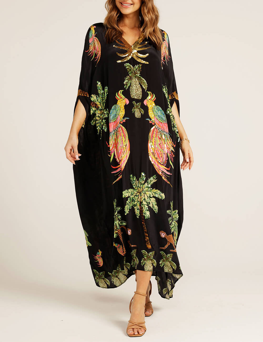Unique Drop Shoulder Sleeve Coconut Tree Printed Dress