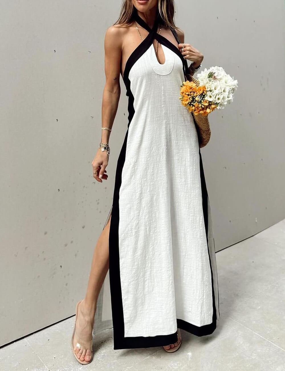 Halter Neck Slit Color Block Maxi Dress