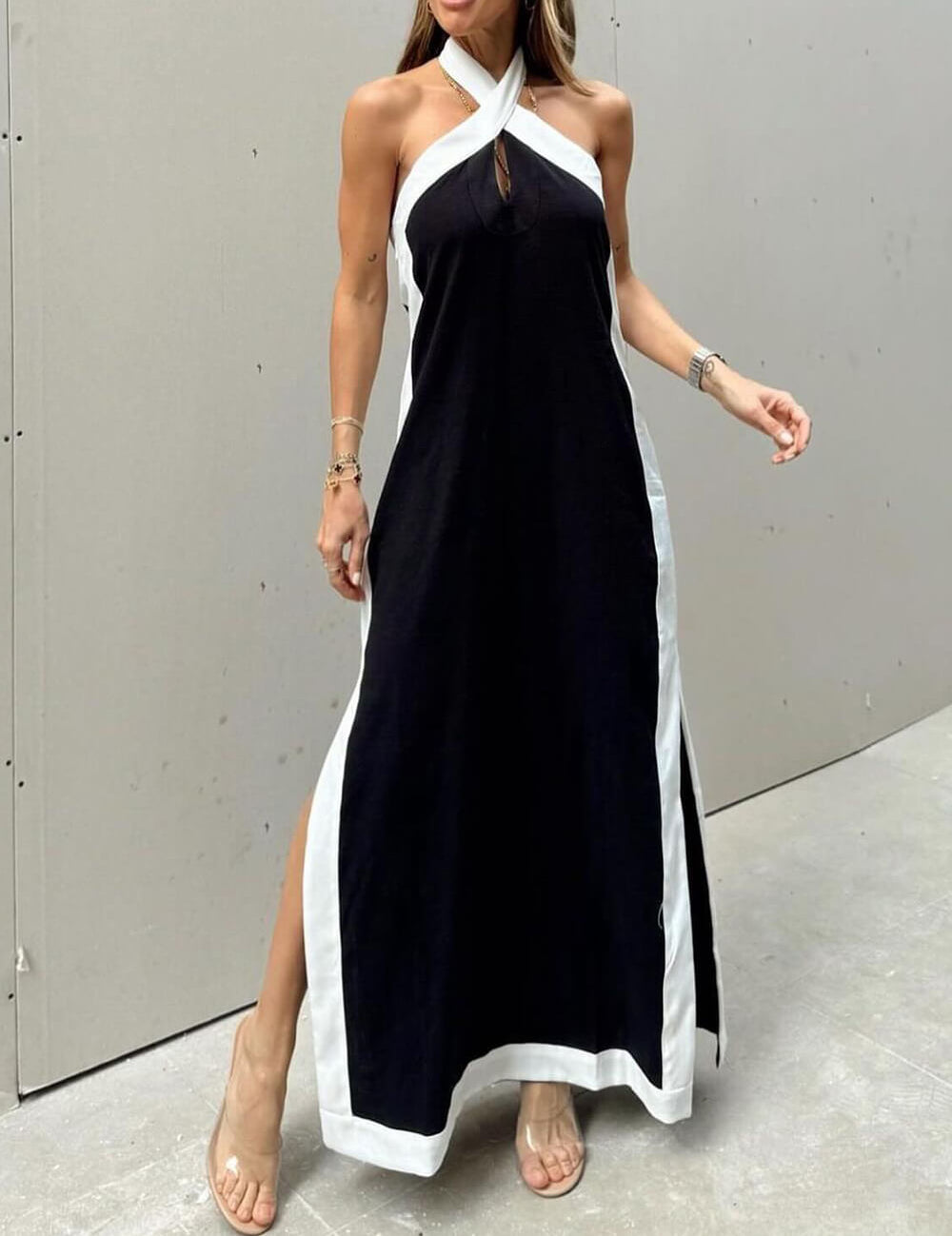 Halter Neck Slit Color Block Maxi Dress