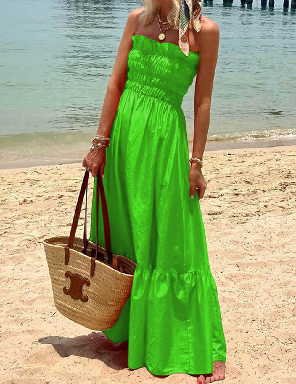 Off Shoulder Smocked Bust Vacation Maxi Dress