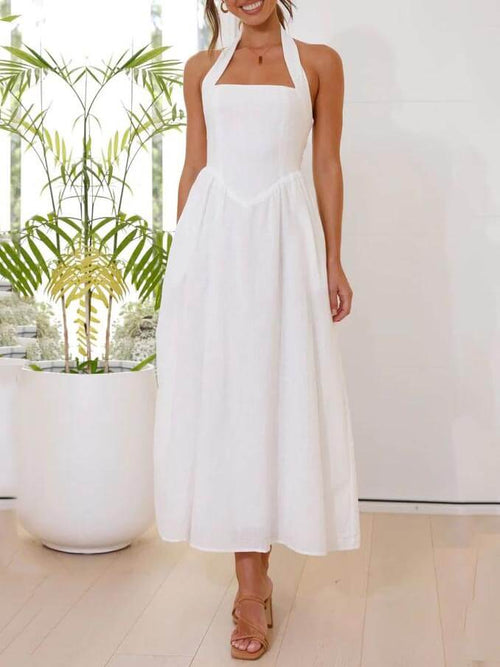 Waist Little Black Halter Neck Dress Mid Length Dress
