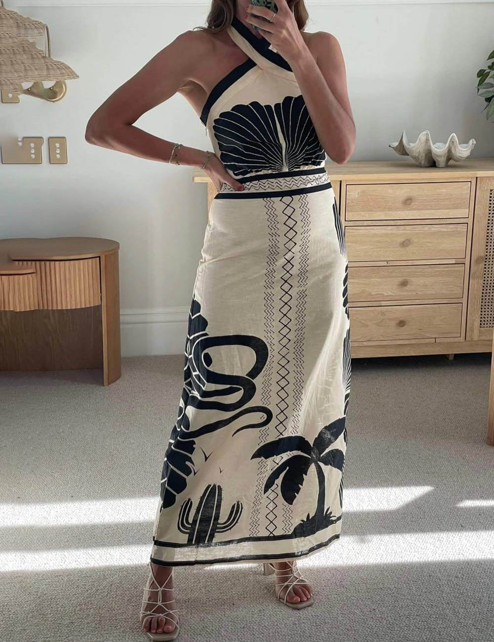 Elegant And Sexy Ethnic Print Slim-Fit Halter Neck Maxi Dress